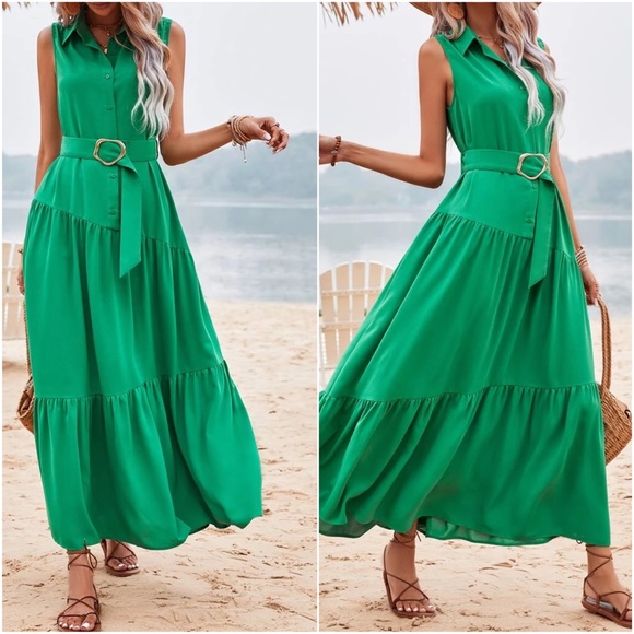 Boho Green Button Sleeveless Maxi Dress - Picture 3 of 3